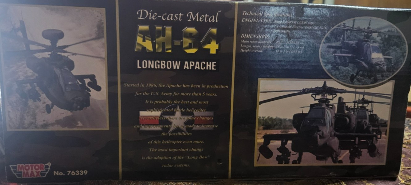 Vintage Motor Max No. 76339 AH-64 Longbow Apache Diecast Metal NIB