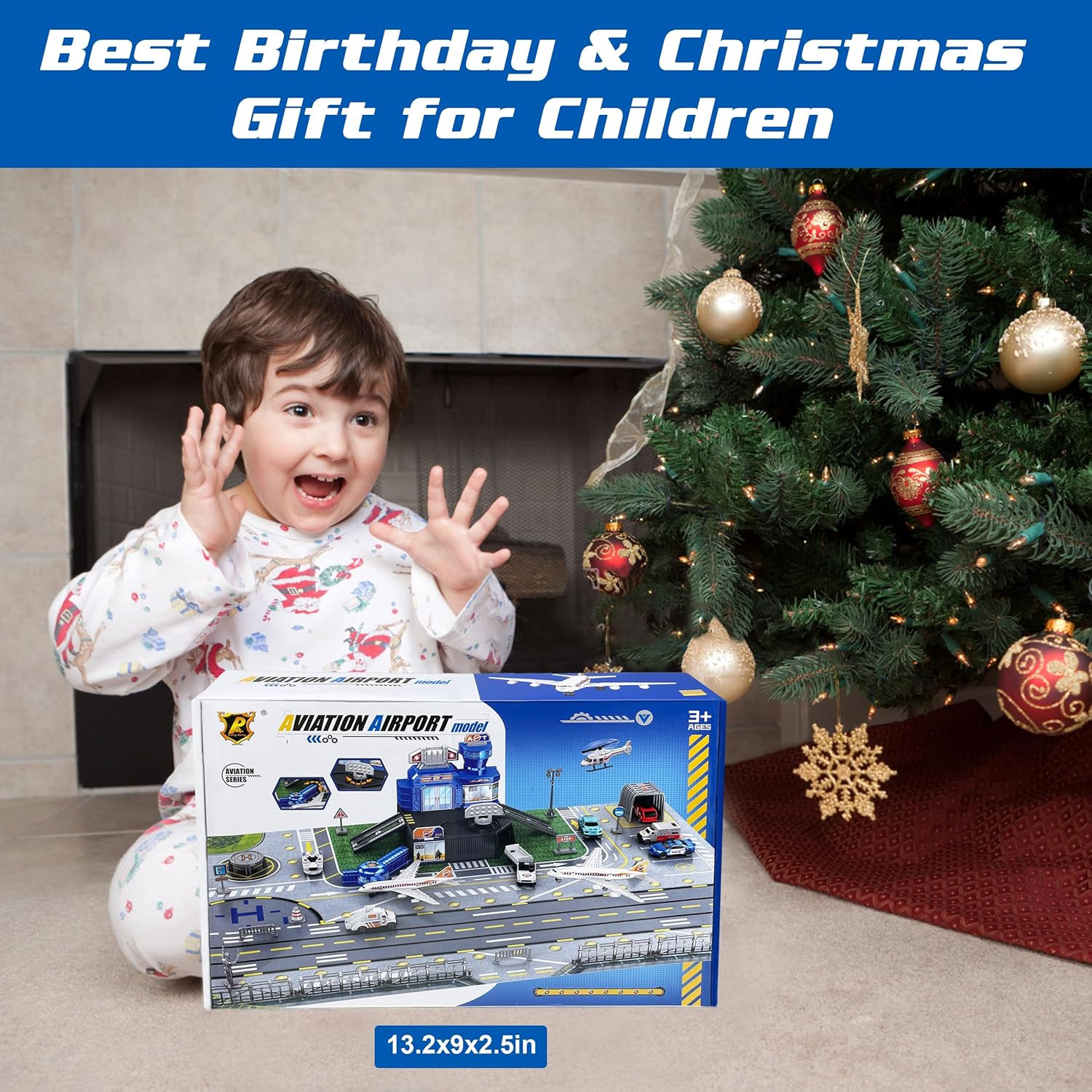 Airplane Toy Set with Trucks, Helicopter, Planes, Airport Playmat | and Traffic
