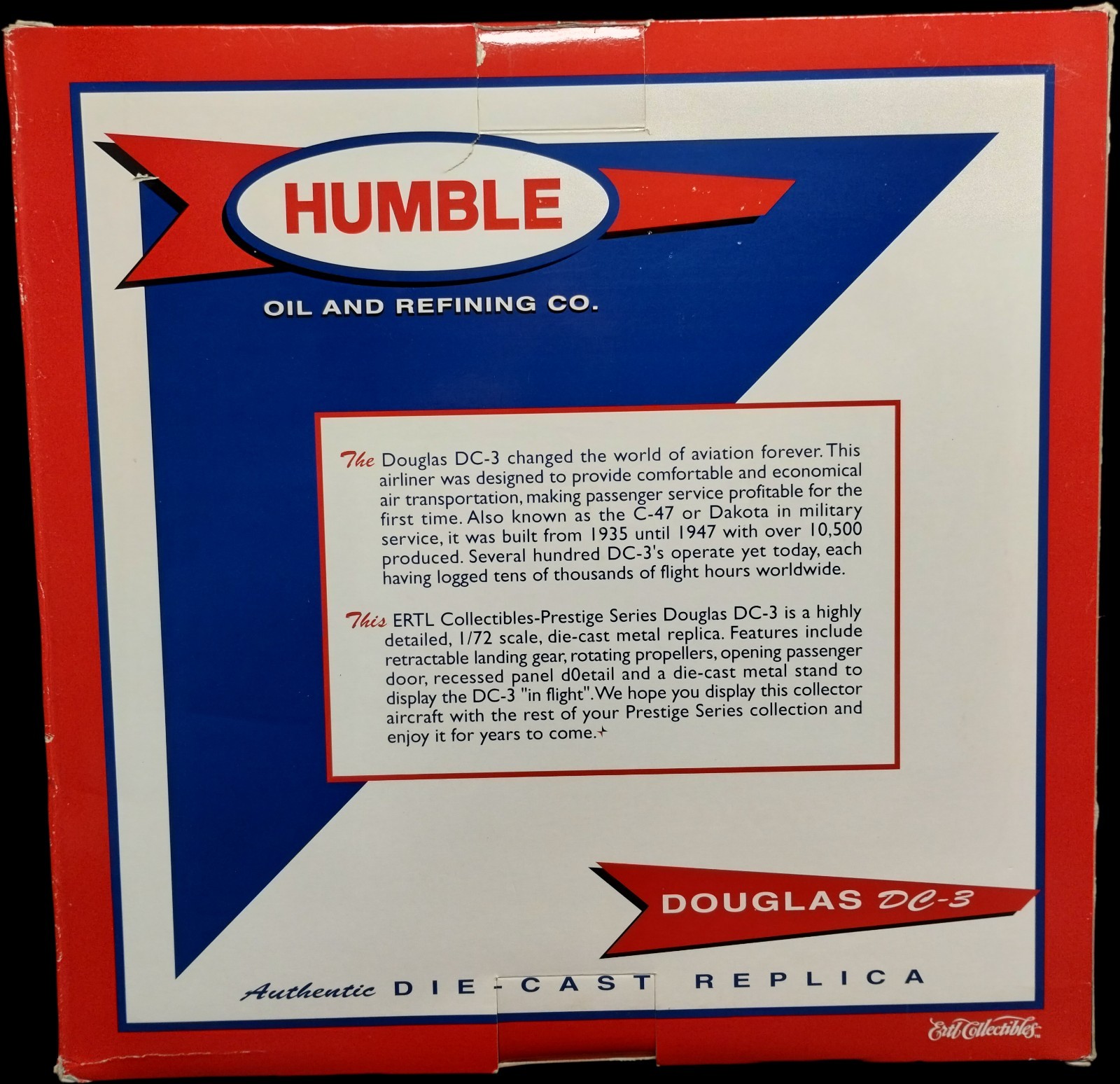 ERTL #F591 Die Cast HUMBLE OIL DC-3 Replica Airplane in Box with Stand