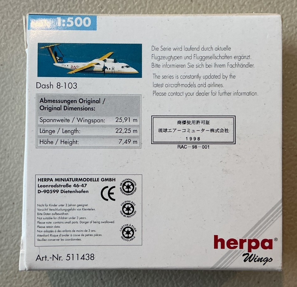 Herpa Wings 1:500 511438 RAC Dash 8-103 (JA8972)