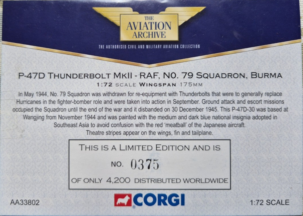 CORGI AVIATION ARCHIVE 1:72 P-47D THUNDERBOLT Mk.II – 79 SQN RAF BURMA AA33802