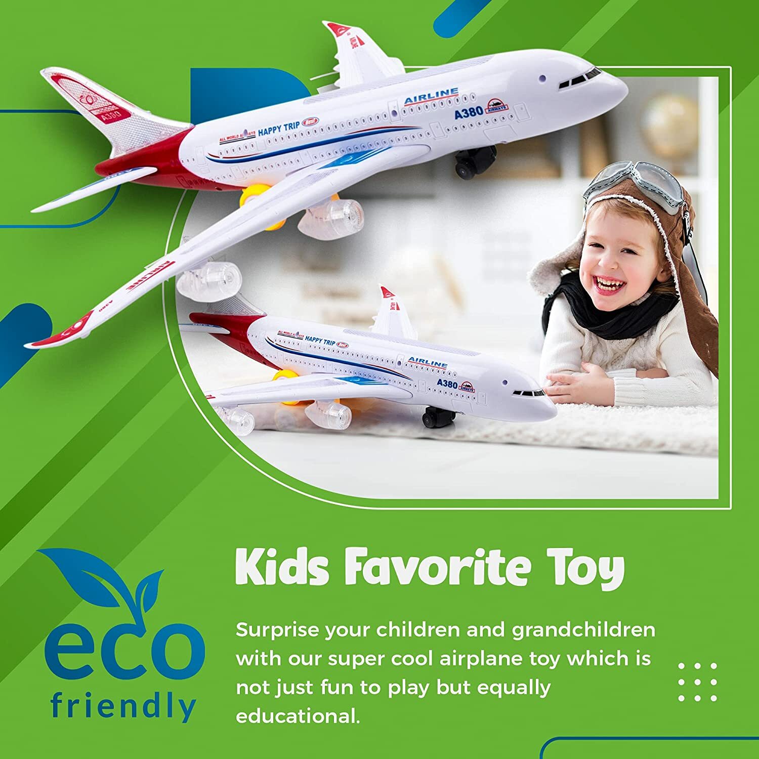 New Airplane Toys for Kids, Bump and Go Action Airbus A380 Model Airplane Toys