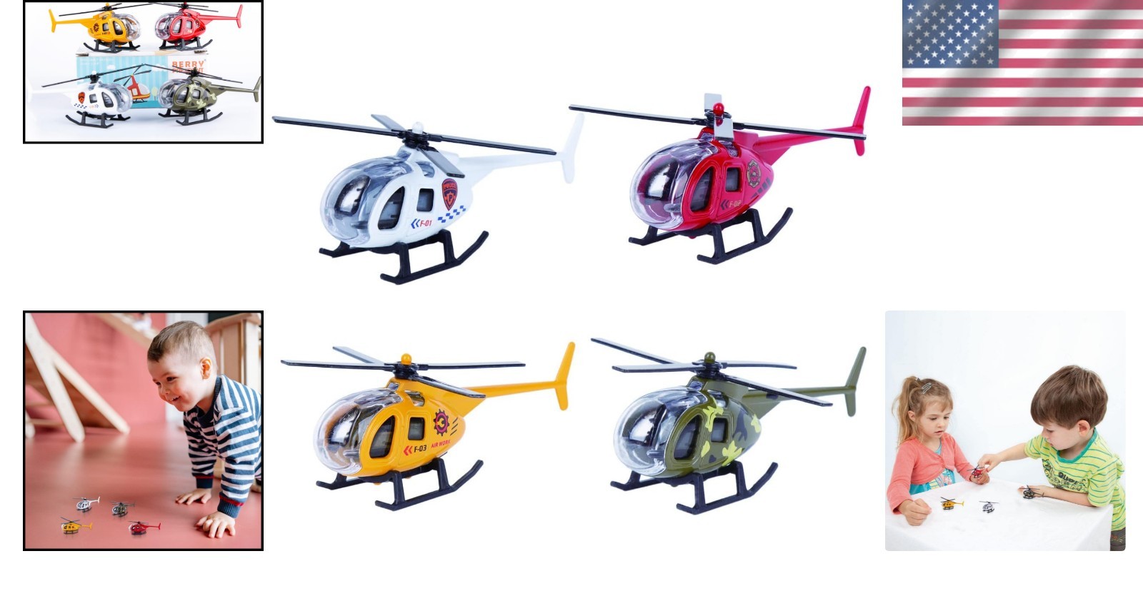 Imaginative Play Set: 4 Diecast Helicopters – Police, Fire & Military Themes