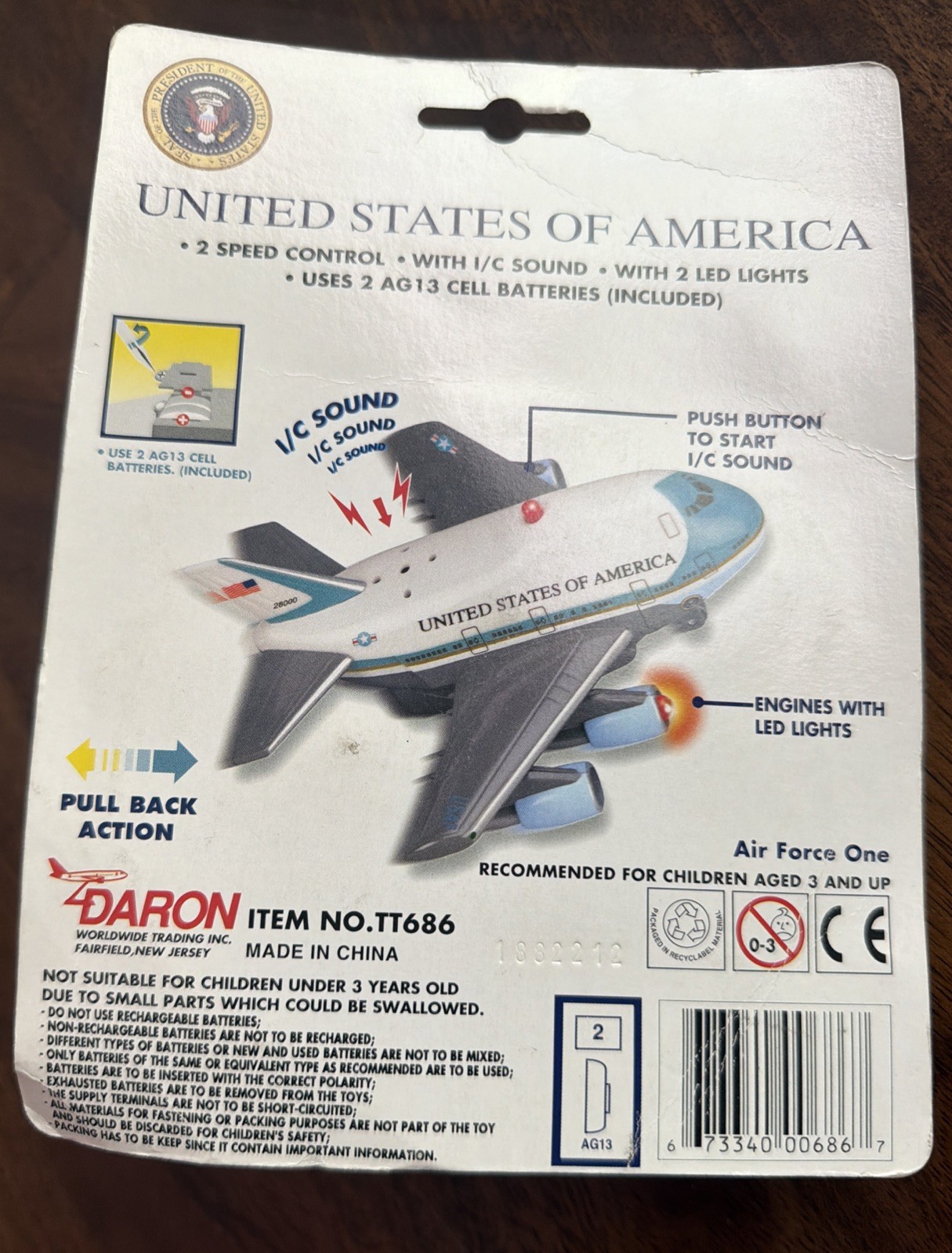 Air Force One Pull-Back Action Toy with Sound Daron #TT686 NIP (M) Needs Battery