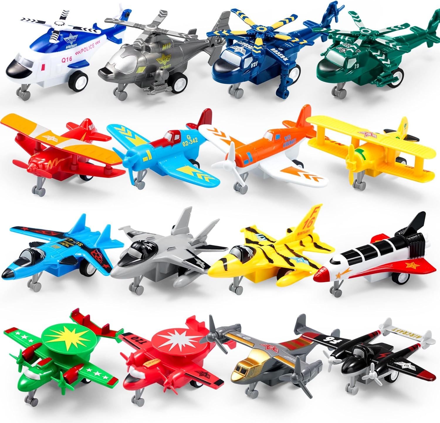 16 Pcs Pull Back Airplane Toys, Boys Plane Playset, Aircraft Incl Helicopter, Fi