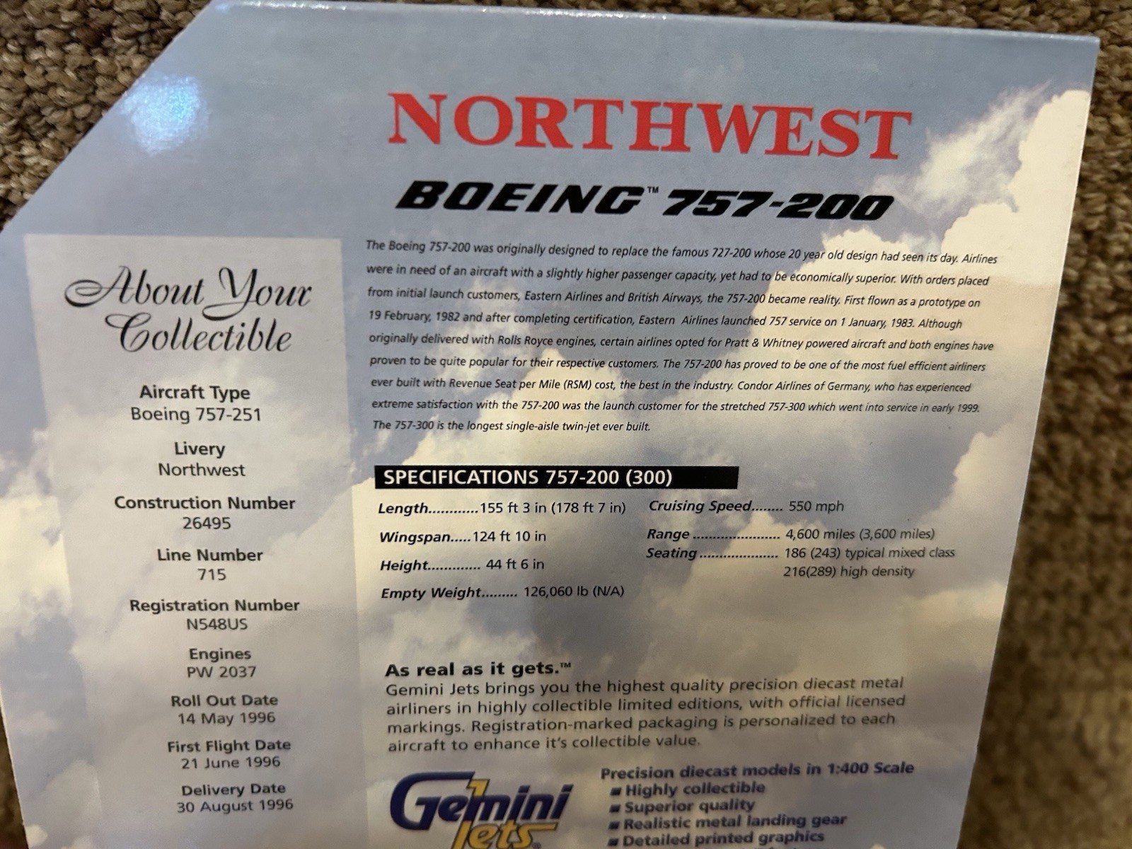 Gemini Jets, Northwest Airlines Boeing 757-200, 1996 Ltd. Edition, No. GJNWA224