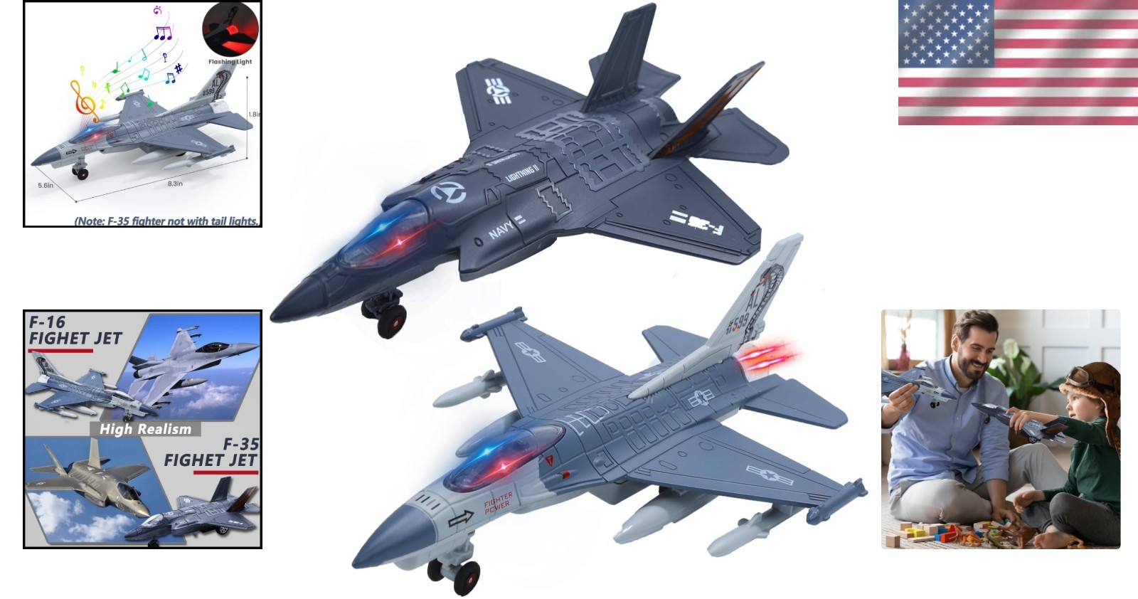 Interactive F35 & F16 Diecast Fighter Jets: Pull Back Action & Realistic Sounds