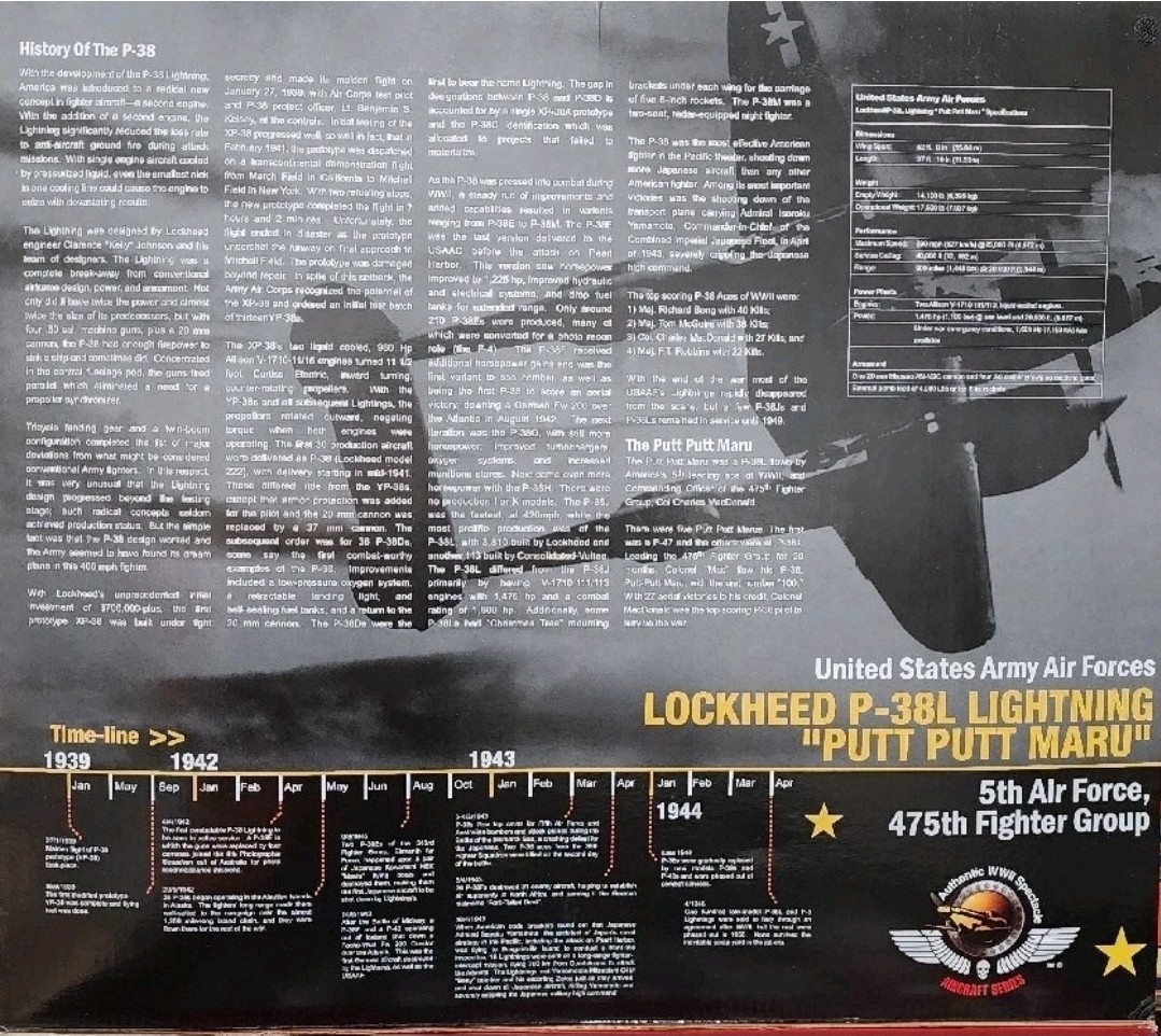 JSIJS International 1:18 Scale Lockheed P-38L Lightning “Putt Putt Maru”