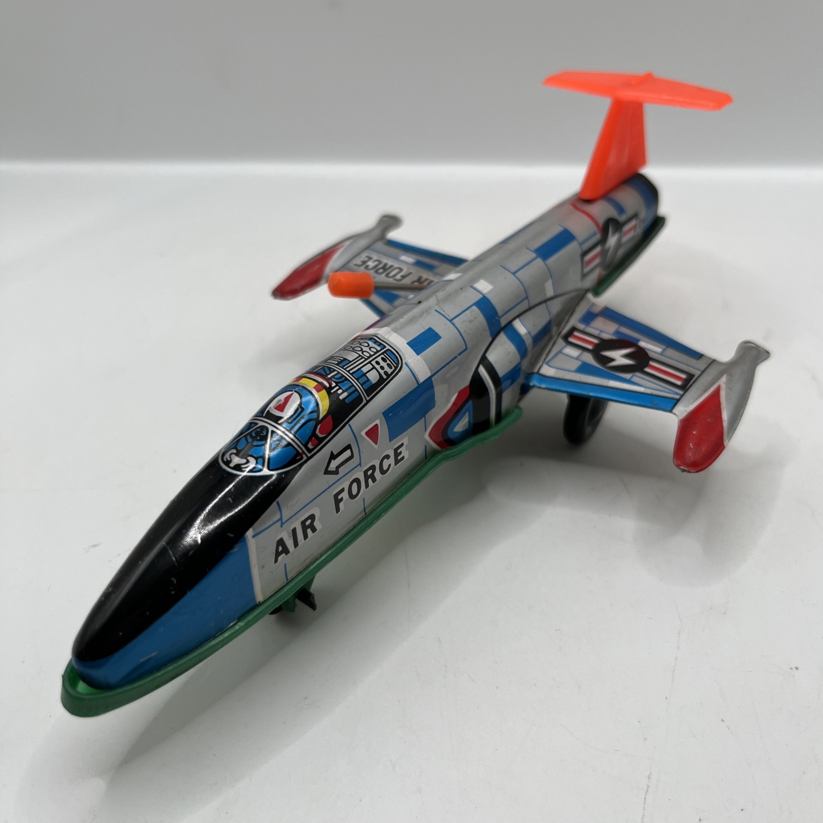 Vintage Lever Action Pull Friction Air Force Jet Fighter Tin Plane USAF