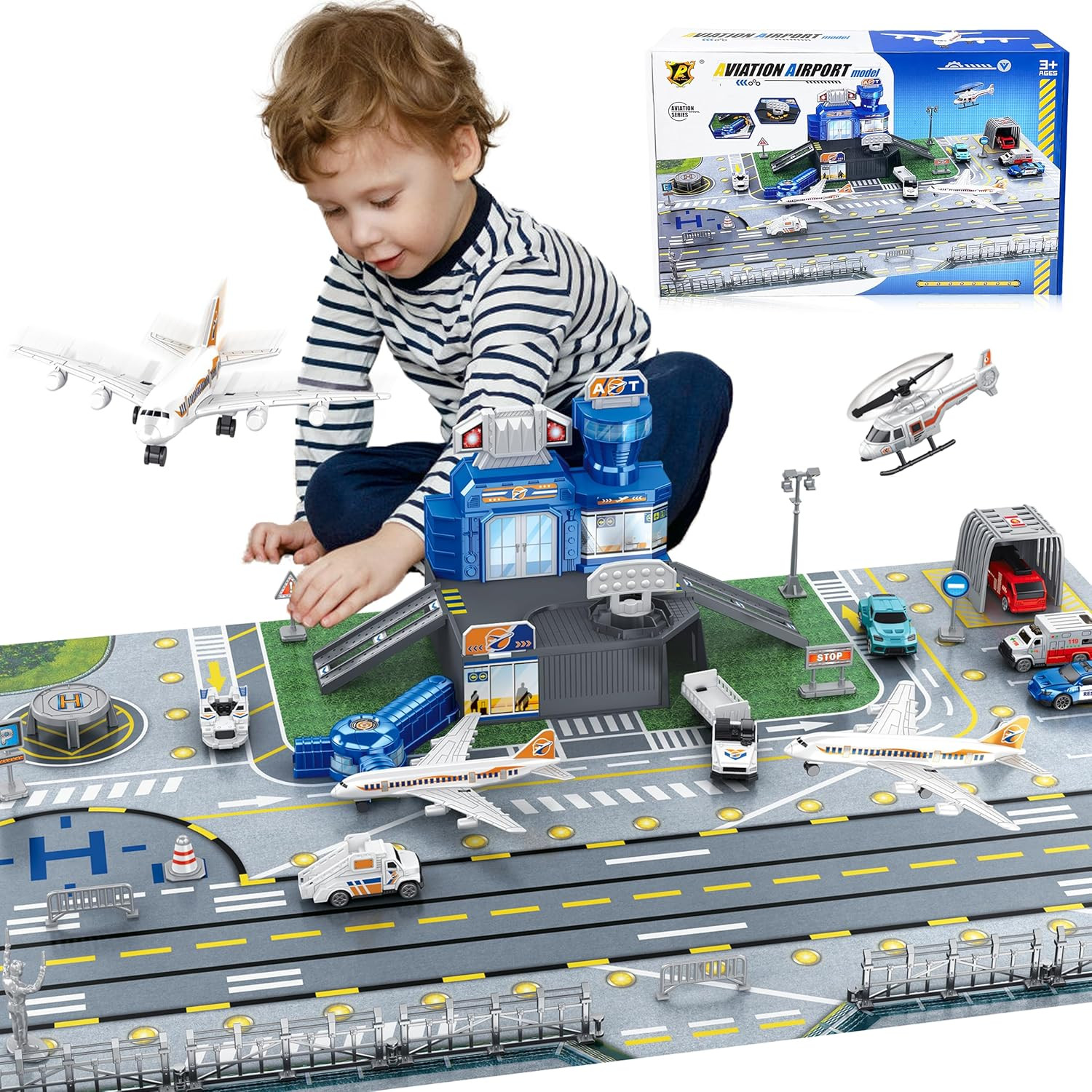 Airplane Toy Set with Trucks, Helicopter, Planes, Airport Playmat | and Traffic