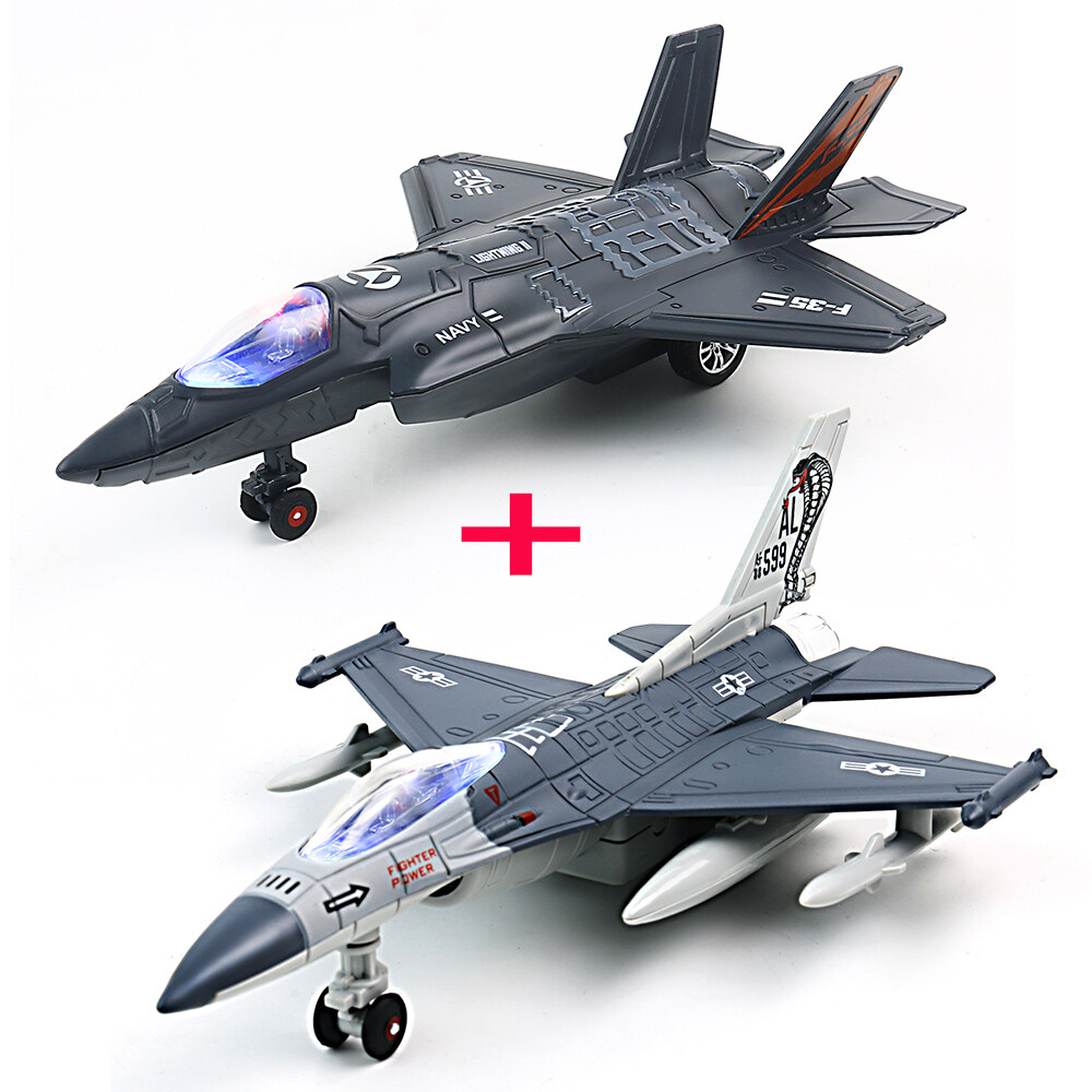 F-35 + F16 Army Fighter Jet Diecast Bomber Plane Toys Pull Back w/Light for Kids