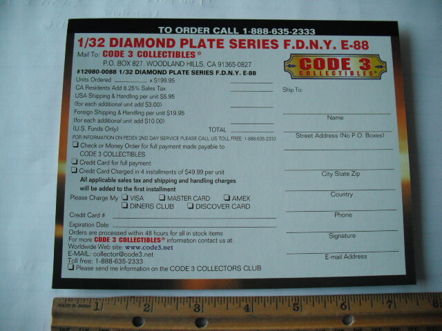 CODE 3 COLLECTIBLES FDNY DIAMOND PLATE E-88 DEALER PROMOTIONAL ADVERTISING
