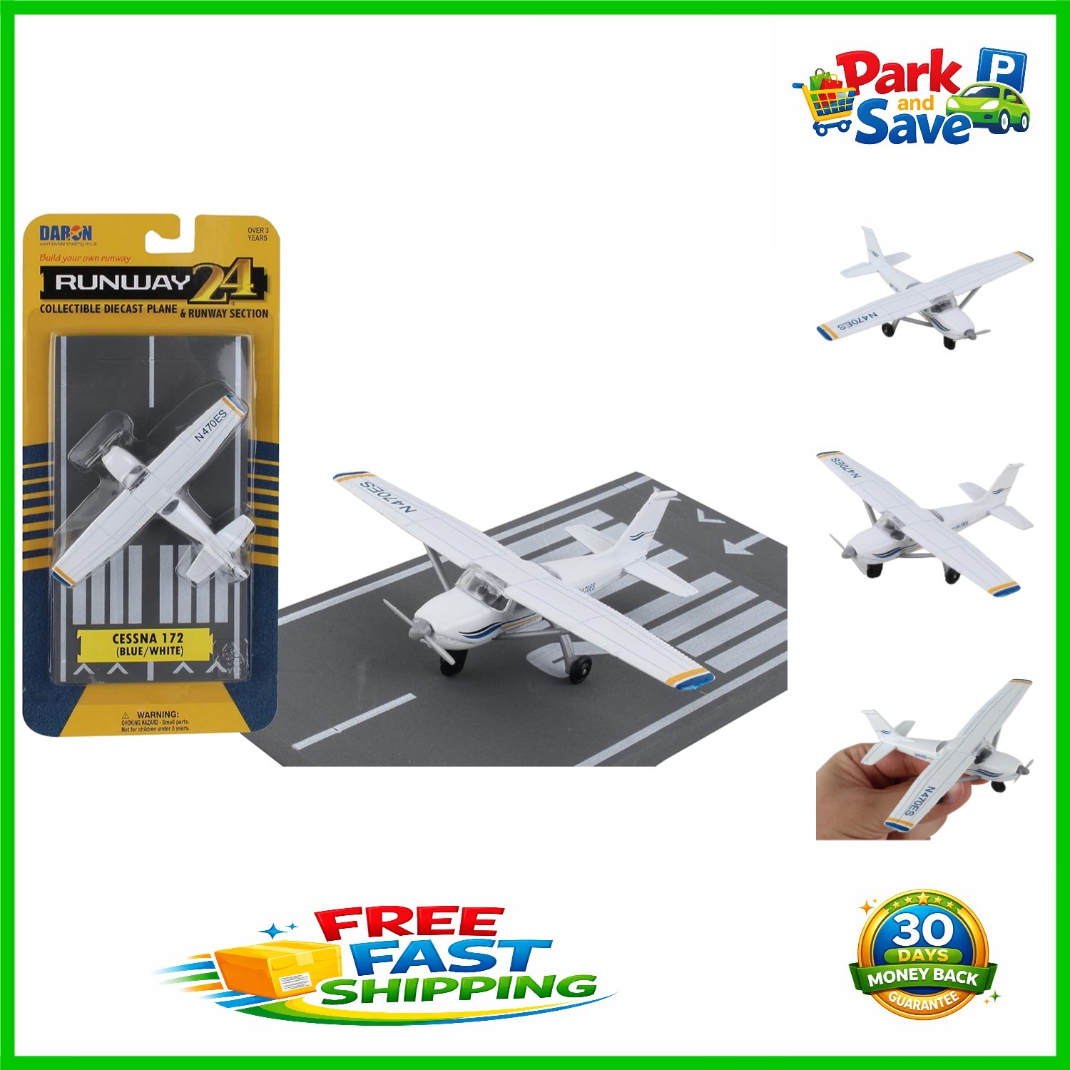 Runway24 Cessna 172 Diecast Airplane Model 1:87 with Rubber Runway – Collectible
