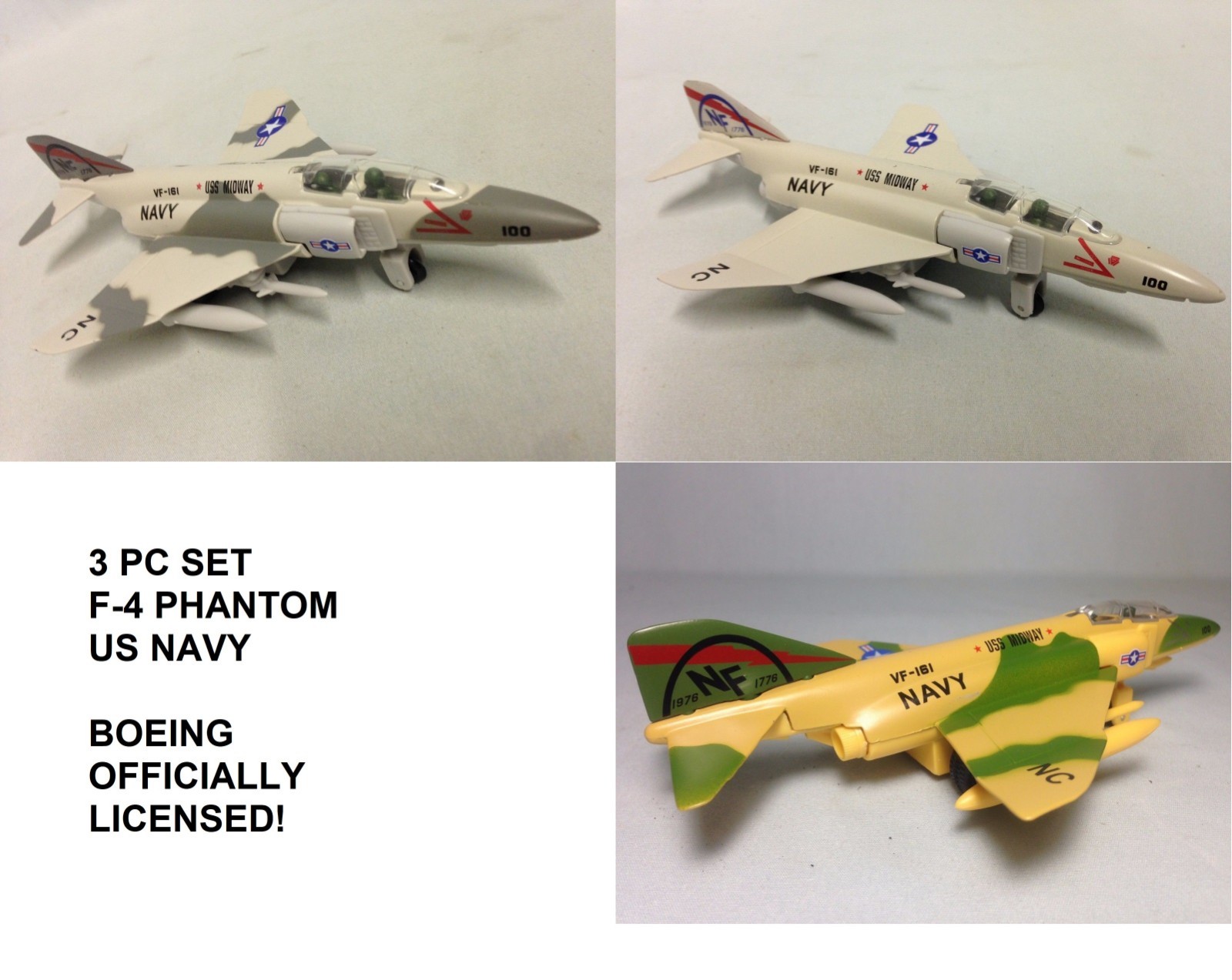 3PC SET: 7″ F-4 Phantom Diecast US Navy Model Fighter Jet Airplane Toy Licensed