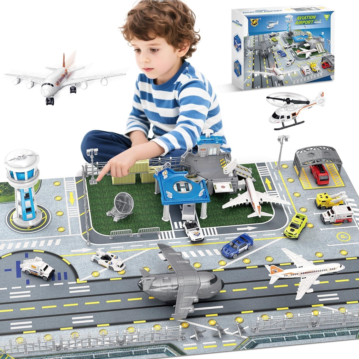 Airplane Toy Set with Trucks, Helicopter, Planes and Playmat, Airport Aviation T
