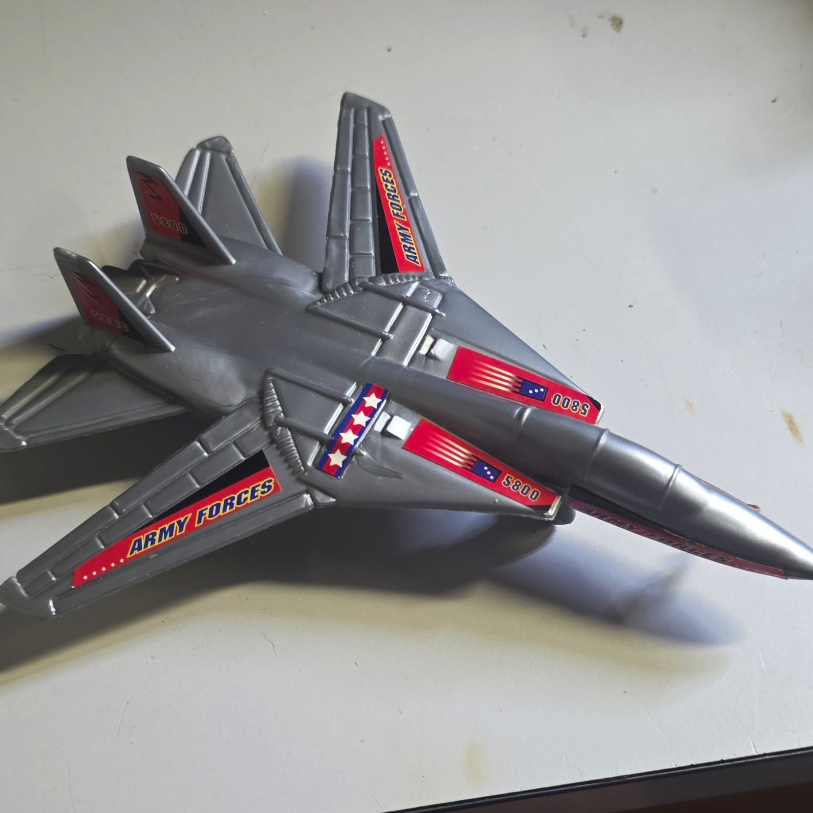Army Forces Military Airplane Jet Fighter Toy Plane Silver w/ Red & Blue Decals