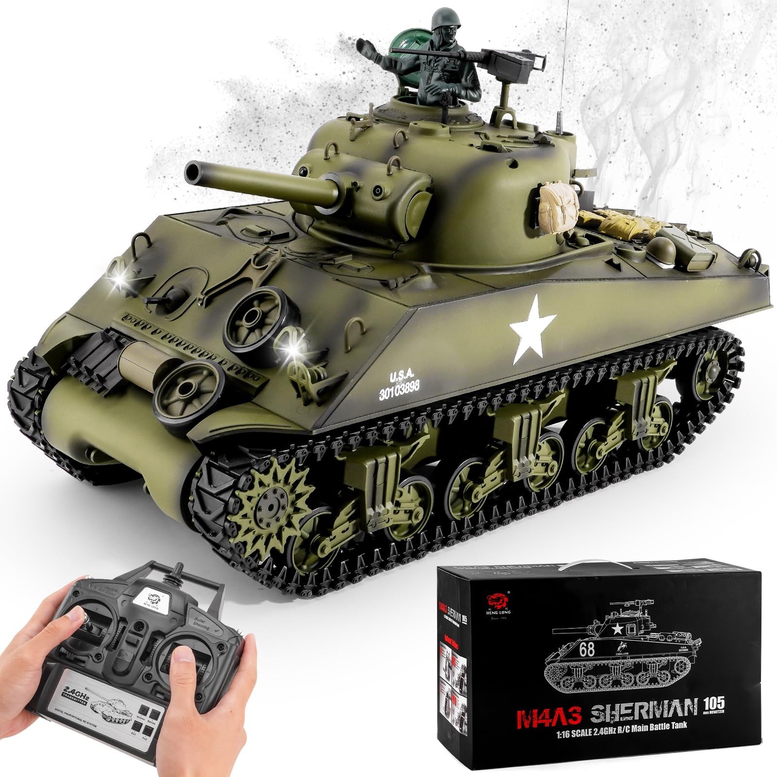 BESTYMXY RC Tank Henglong US M4A3 Sherman Medium Tank, 1/16 Remote Control Ma…