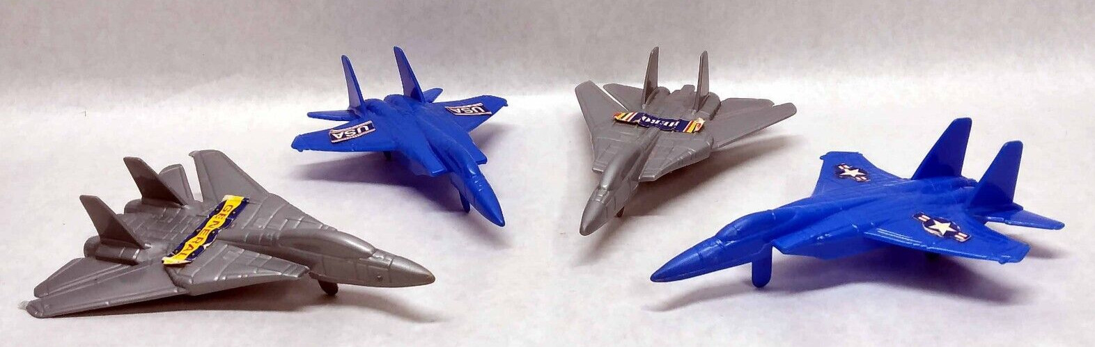 4 Vintage PROCESSED PLASTIC 7″ F-15 Fighter Jets W/ Stickers – 2Gray & 2Blue