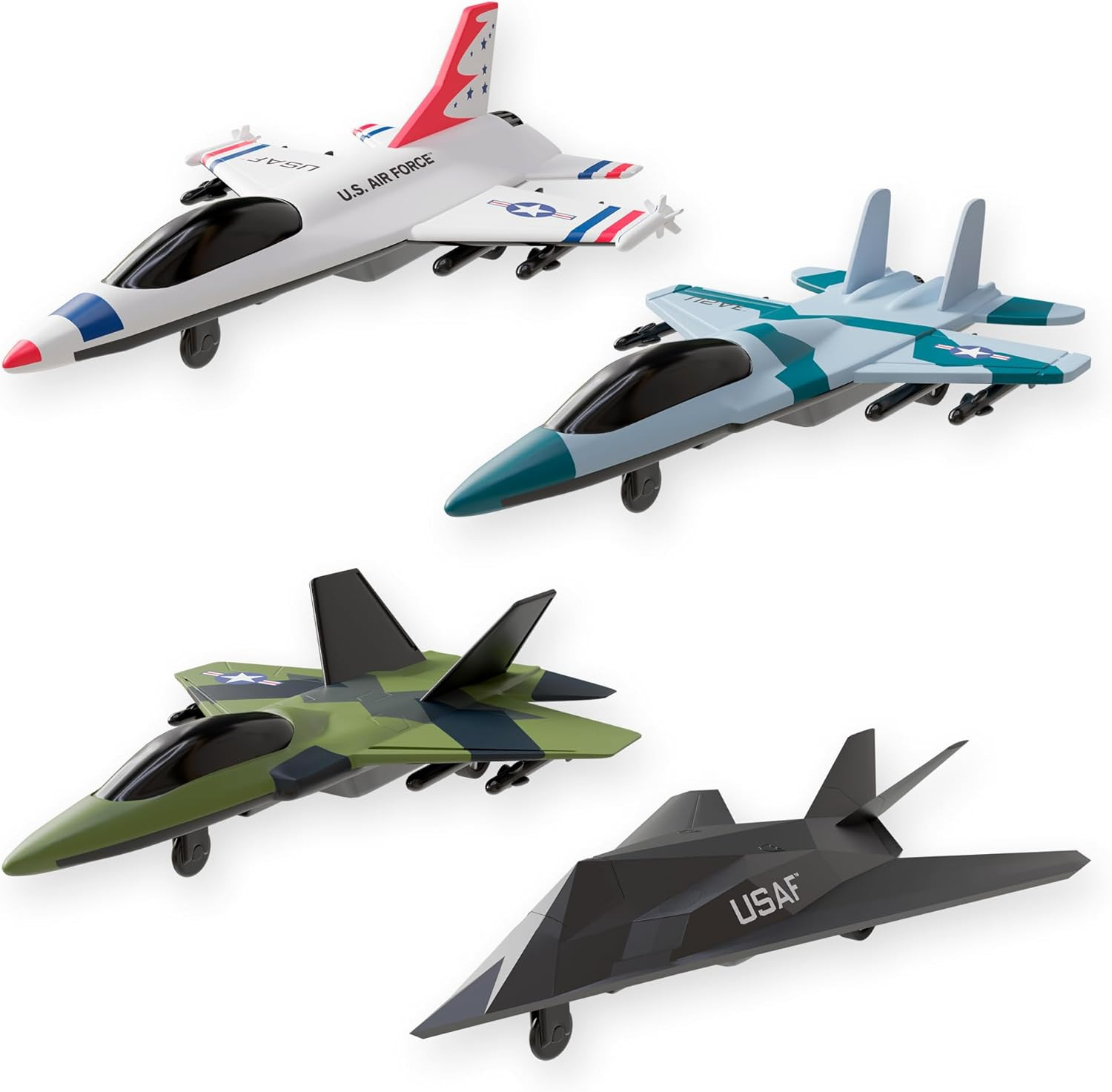 Diecast Toy Planes Set of 4 US Air Force Fighter Jets Pull Back Action