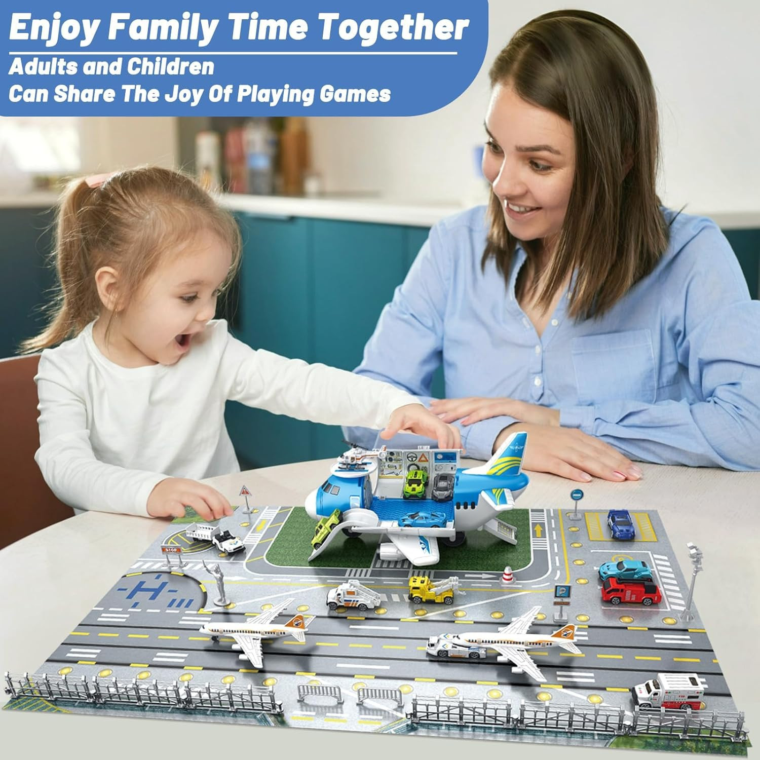 Airplane Toy Car Toy Set Airport Playmat with Helicopter, Truck, Plane, Sign Par