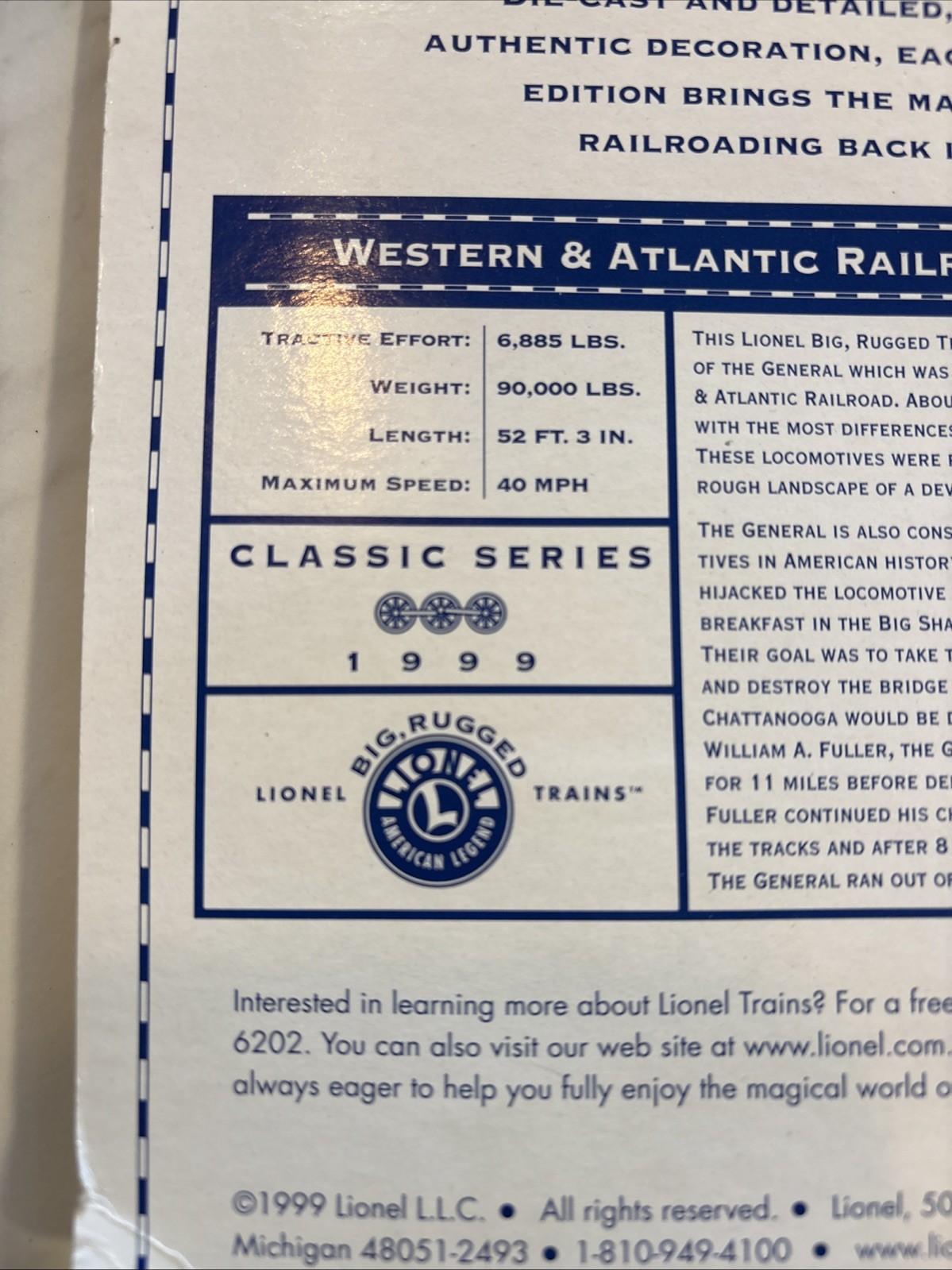 Lionel Diecast Train Western & Atlantic Railroad General 1:160 Scale
