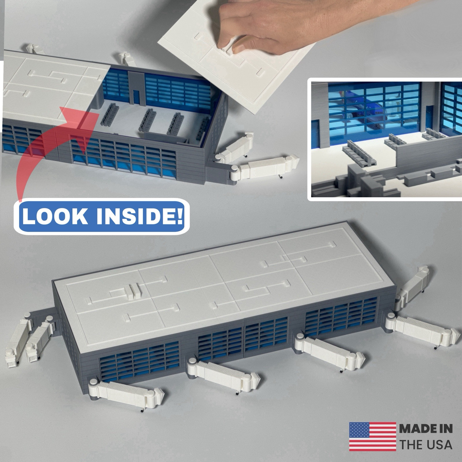 Airport Terminal INTERACTIVE Model– Fits Daron Planes- REMOVABLE ROOF (18” x 7”)