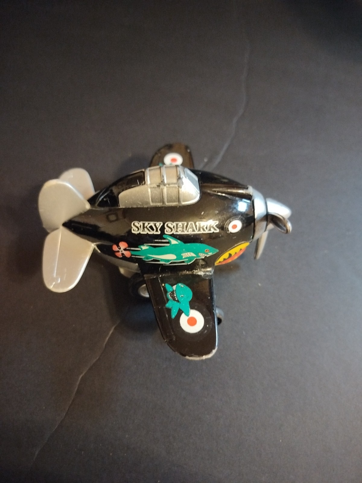 Toysmith Pull Back Sky Shark Propeller Plane Diecast Toy Black