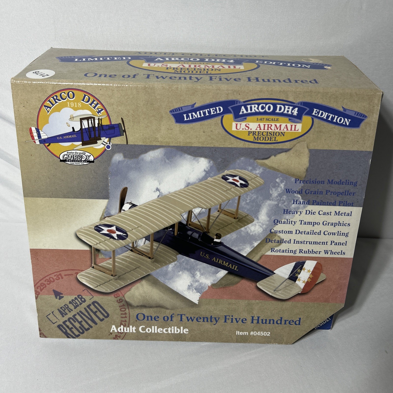 Gearbox Diecast USPS Airco DH4 1/47 Scale US Airmail Plane Limited 1997 NIB