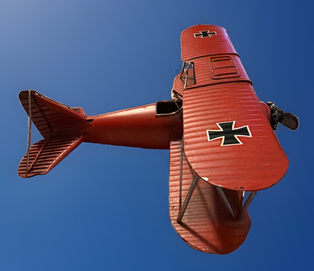 Rare Metallic Red Baron Style Tin 12“ Biplane Model WW1 Aircraft Vintage Used.