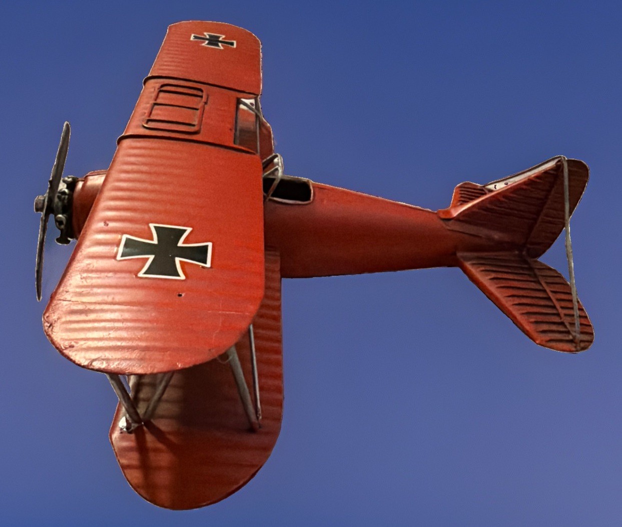Rare Metallic Red Baron Style Tin 12“ Biplane Model WW1 Aircraft Vintage Used.