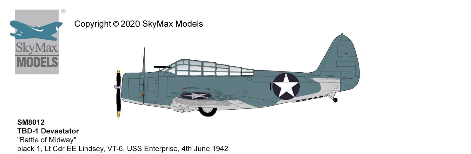 Skymax SM8012, TBD-1 Devastator “Battle of Midway” black 1, Lt Cdr EE Lind, 1:72