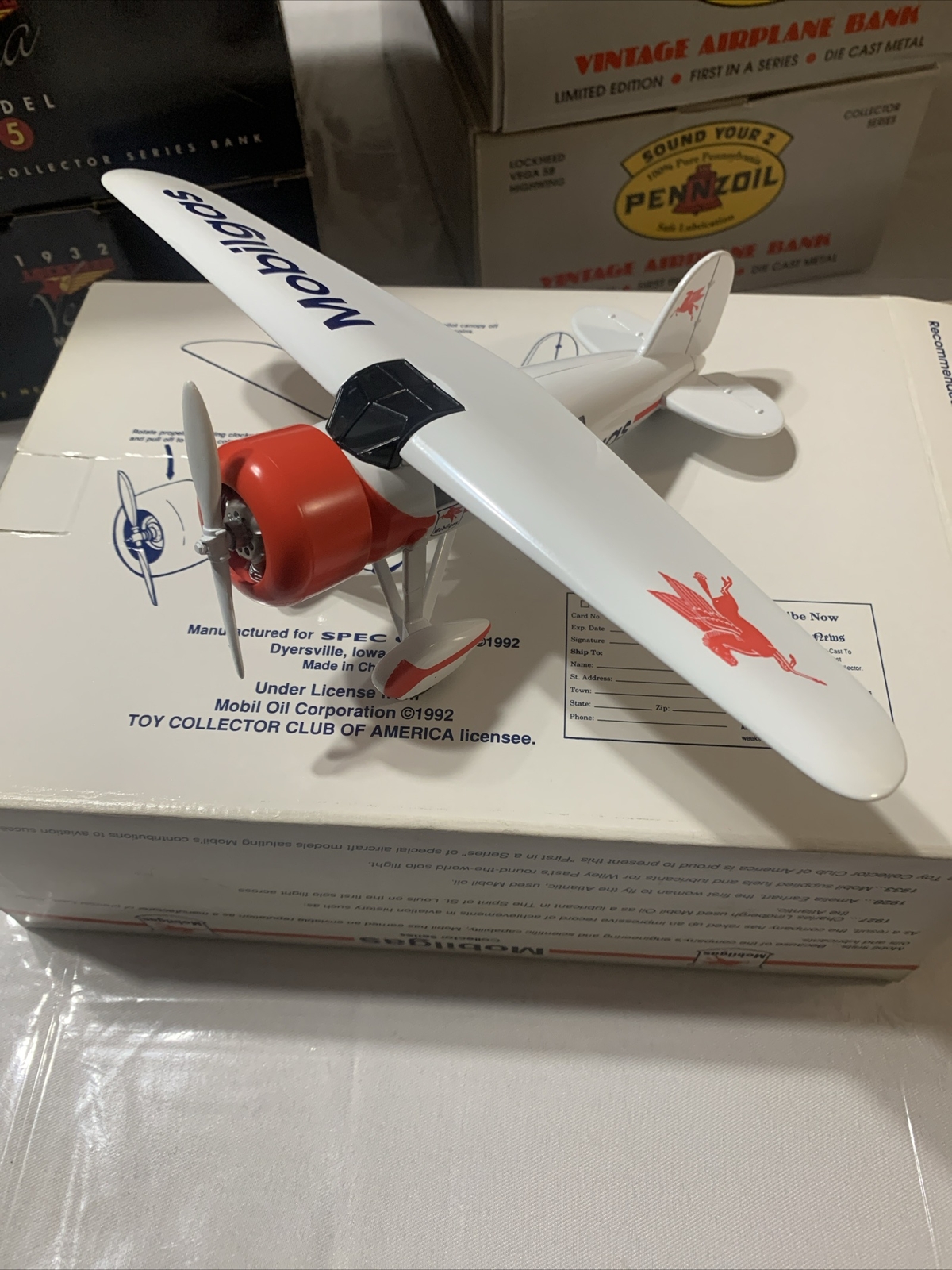 Vintage Mobilgas Collector Series Die Cast Airplane Bank White Stock #35013 NIB
