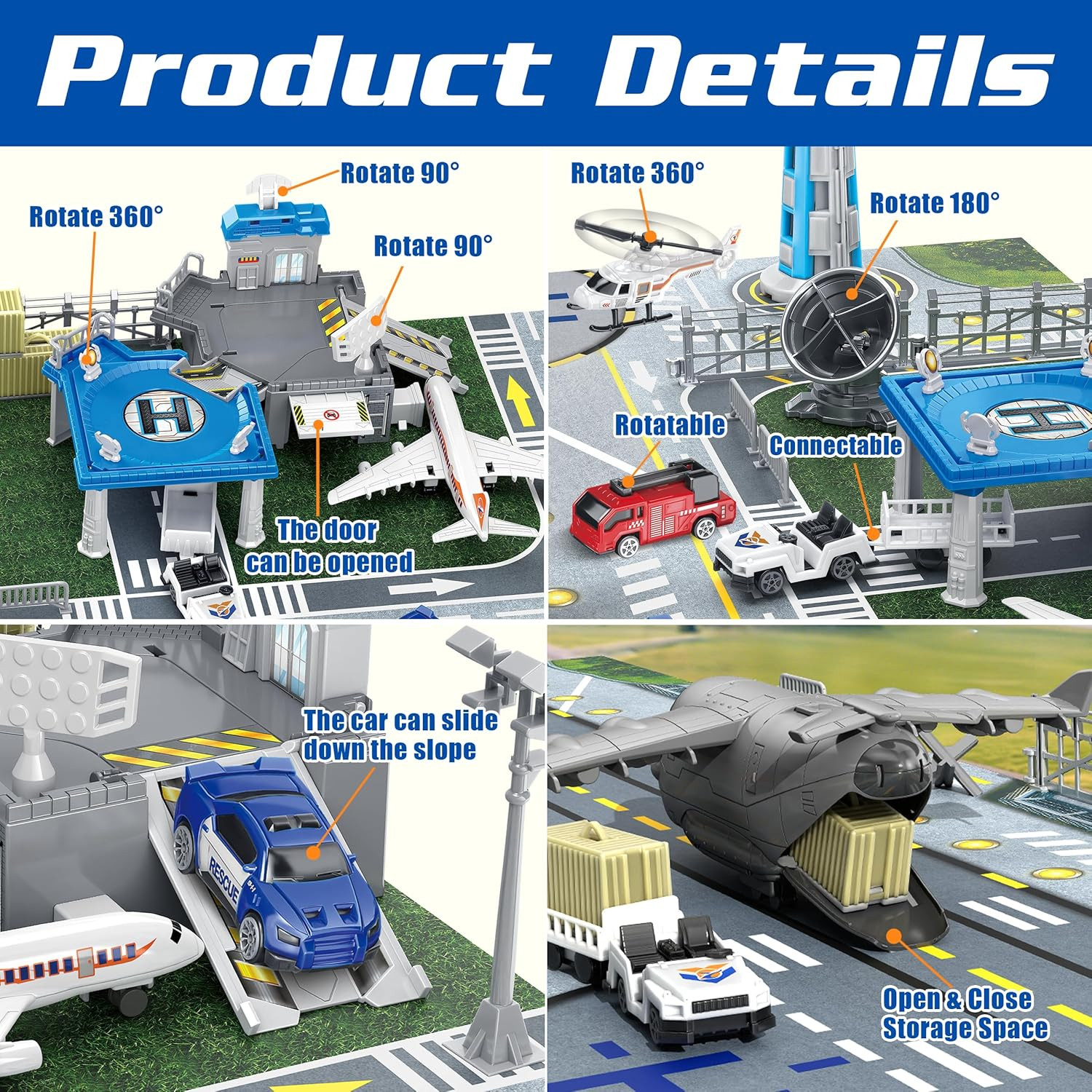 XDUOYJOY Airplane Airport Toy with Trucks, Helicopter, Planes and Playmat | Avia