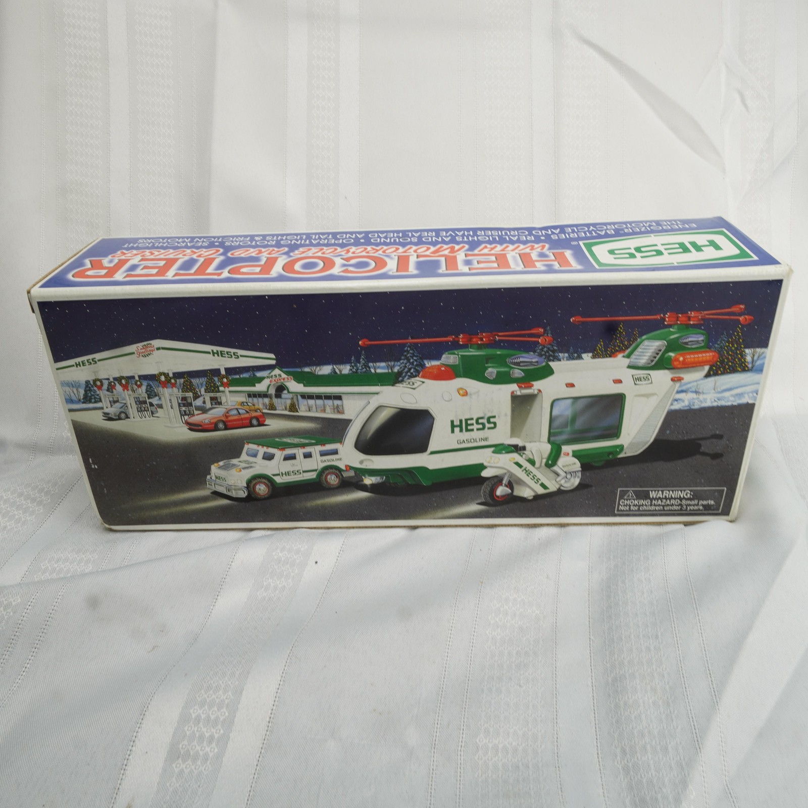 Vintage Hess Helicopter With Motorcycle & Cruiser Toy Truck Lights Sound Box