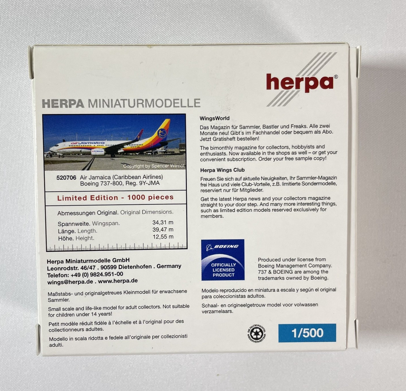 Herpa 1:500 Air Jamaica Caribbean Airlines Boeing 737-800 9Y-JMA 520706 Model