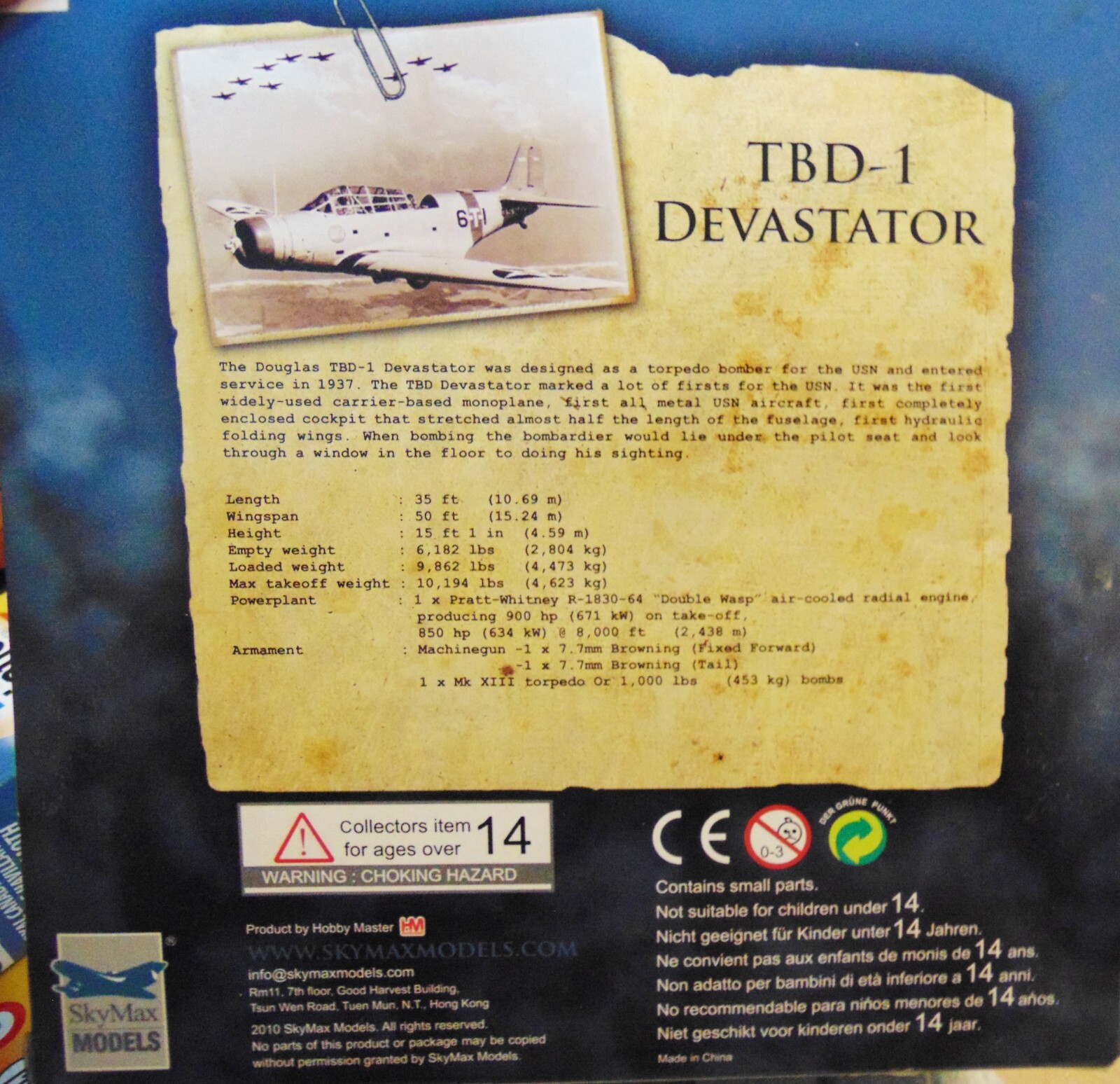 SkyMax Flying Heroes SM8002 Douglas TBD-1 Devastator USS Wasp, Neutrality Patrol