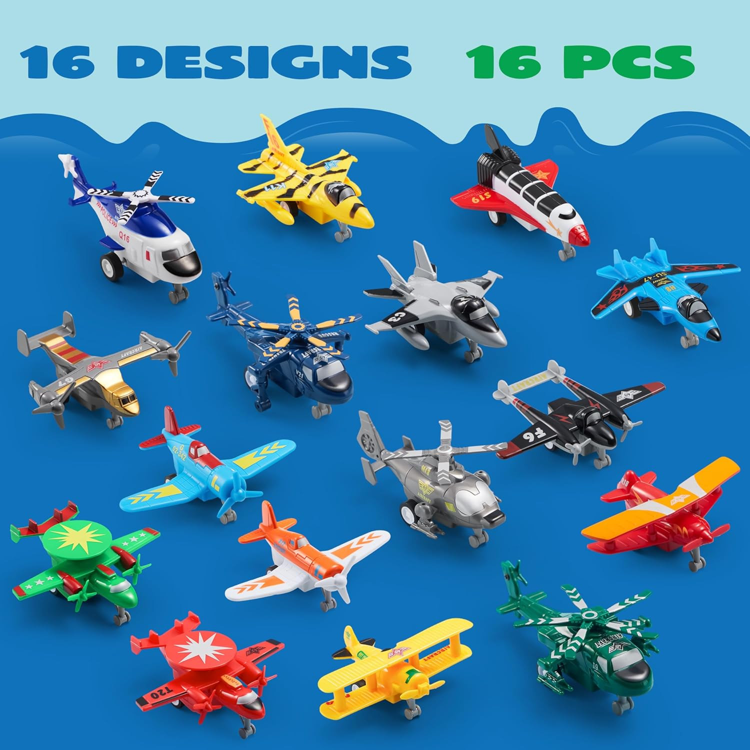 16Pcs Pull Back Airplane Toys Set Jets Helicopters Bombers Gift for Kids Ages 3+