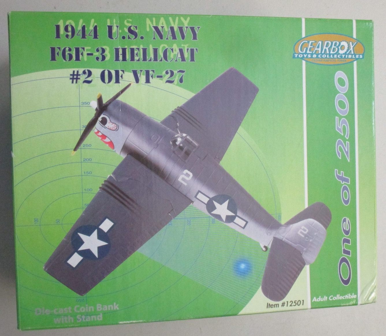 GEARBOX 1944 U.S. NAVY F6F–3 HELLCAT VF-27 DIE-CAST PLANE MODEL COIN BANK NEW