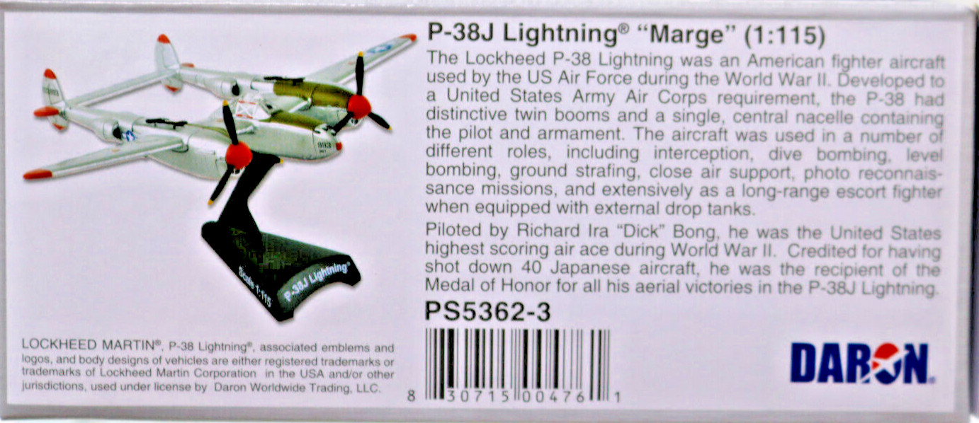 USAAF P-38J Lightning Lockheed Fighter 1:115 PS5362-3 Daron Same Day Shipping