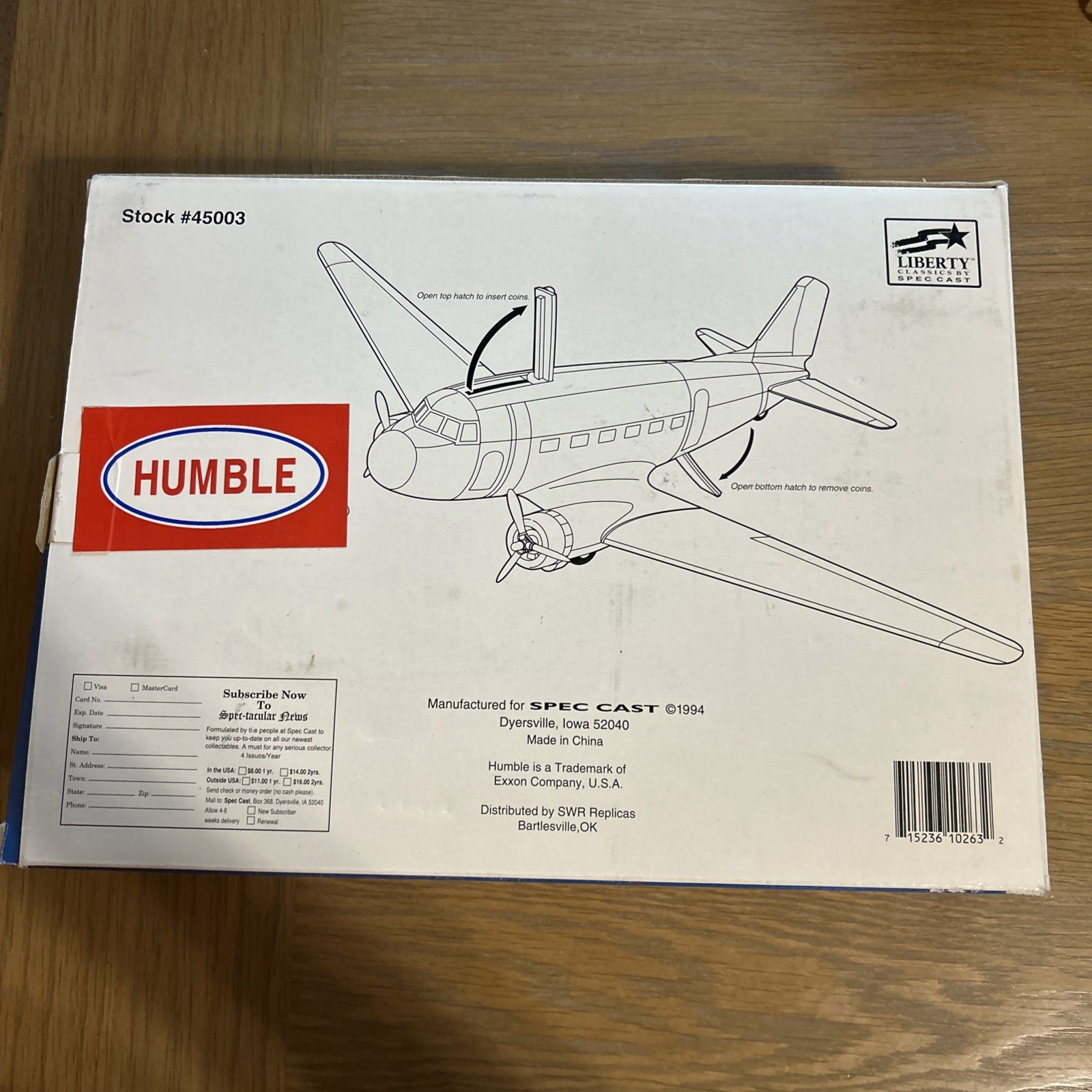 DC-3 DIE-CAST LIMITED EDITION AIRPLANE BANK HUMBLE OIL MARKINGS – NEW IN bOX