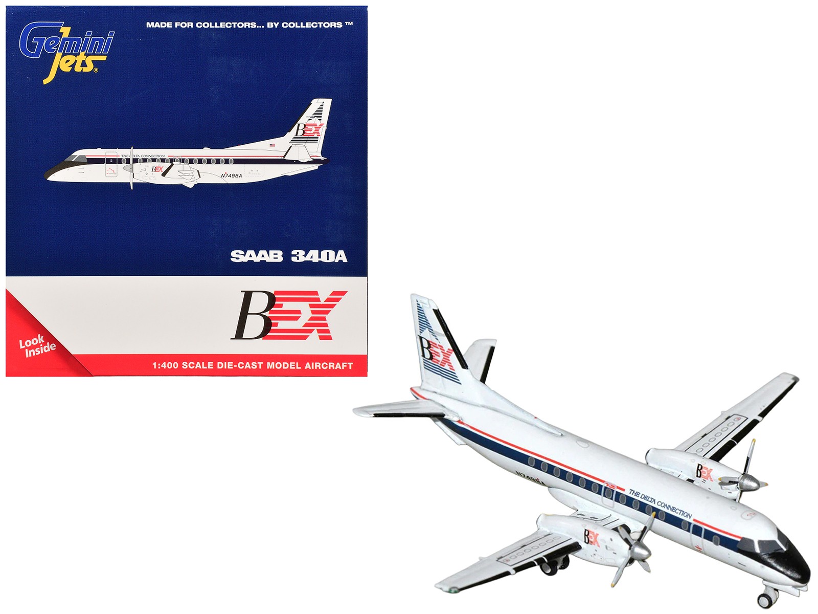 Saab 340A Commercial Aircraft White 1/400 by GeminiJets with Blue Red Stripes