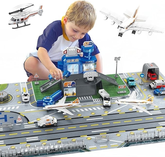 Airplane Toy Set with Trucks, Helicopter, Planes and Playmat, Airport Aviation T