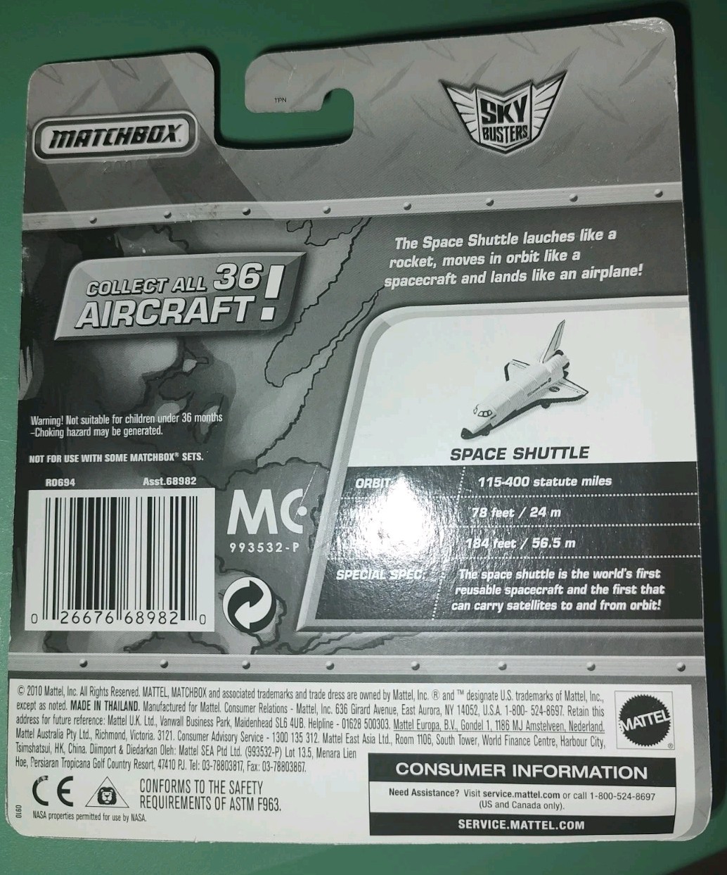 RARE 2010 Mattel MATCHBOX Sky Busters Missions NASA Shuttle Discovery Aircraft