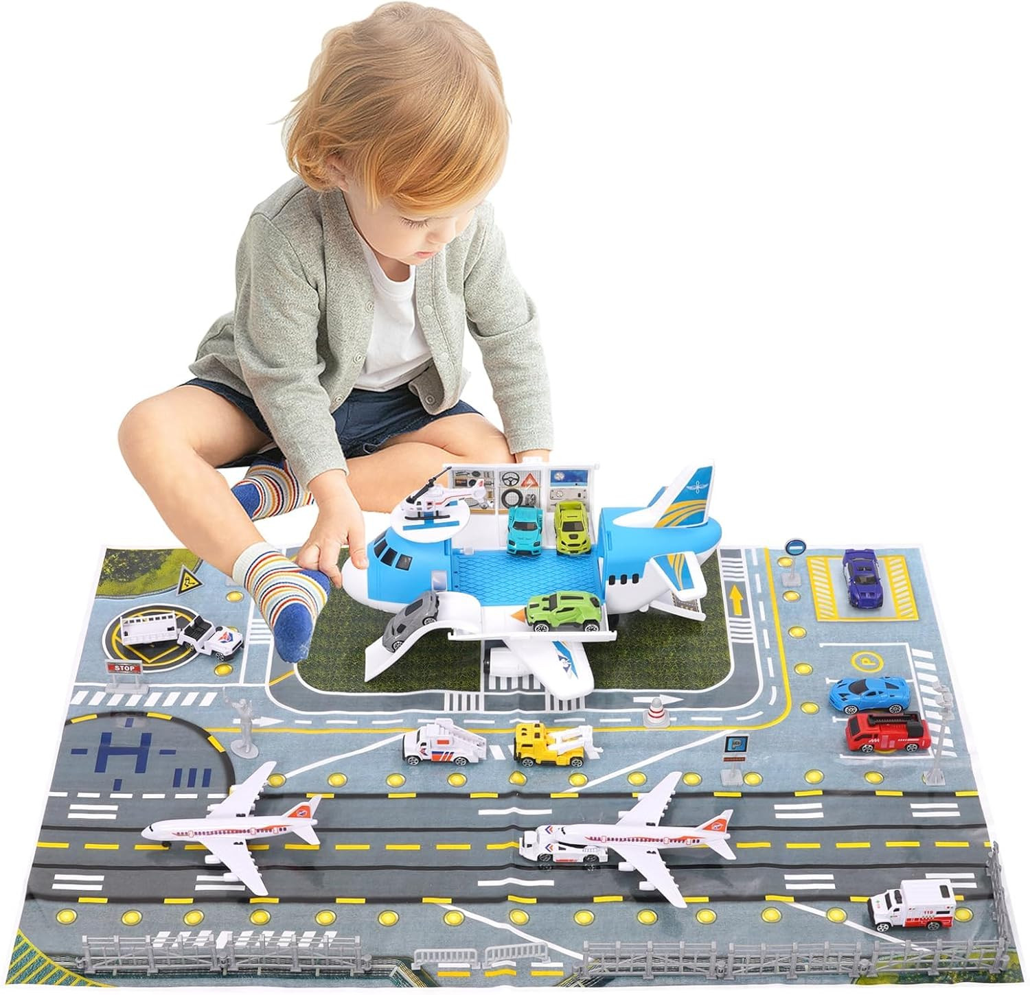 Airplane Toy Car Toy Set Airport Playmat with Helicopter, Truck, Plane, Sign Par