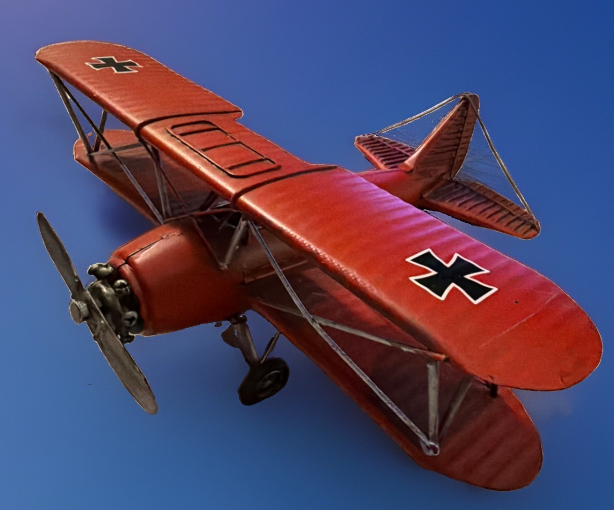 Rare Metallic Red Baron Style Tin 12“ Biplane Model WW1 Aircraft Vintage Used.