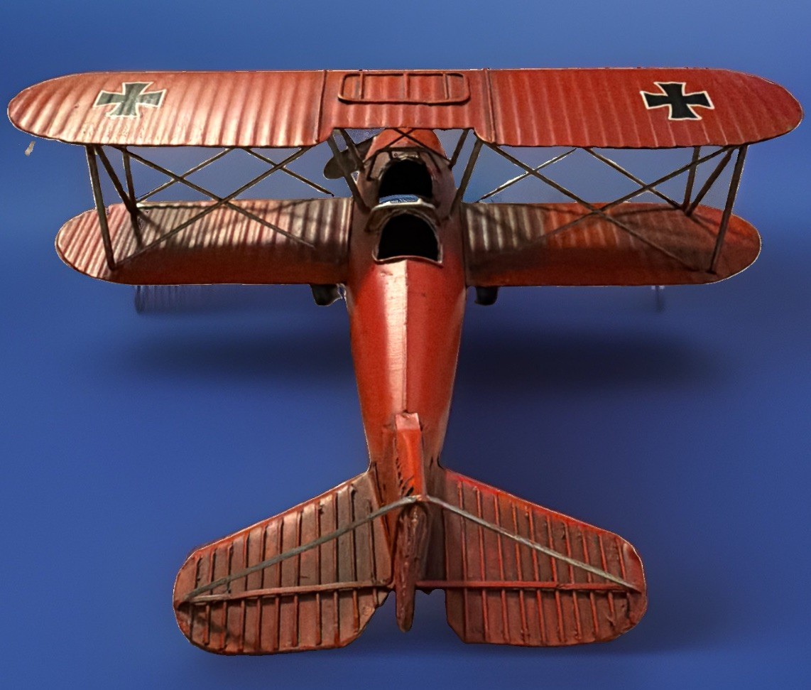 Rare Metallic Red Baron Style Tin 12“ Biplane Model WW1 Aircraft Vintage Used.