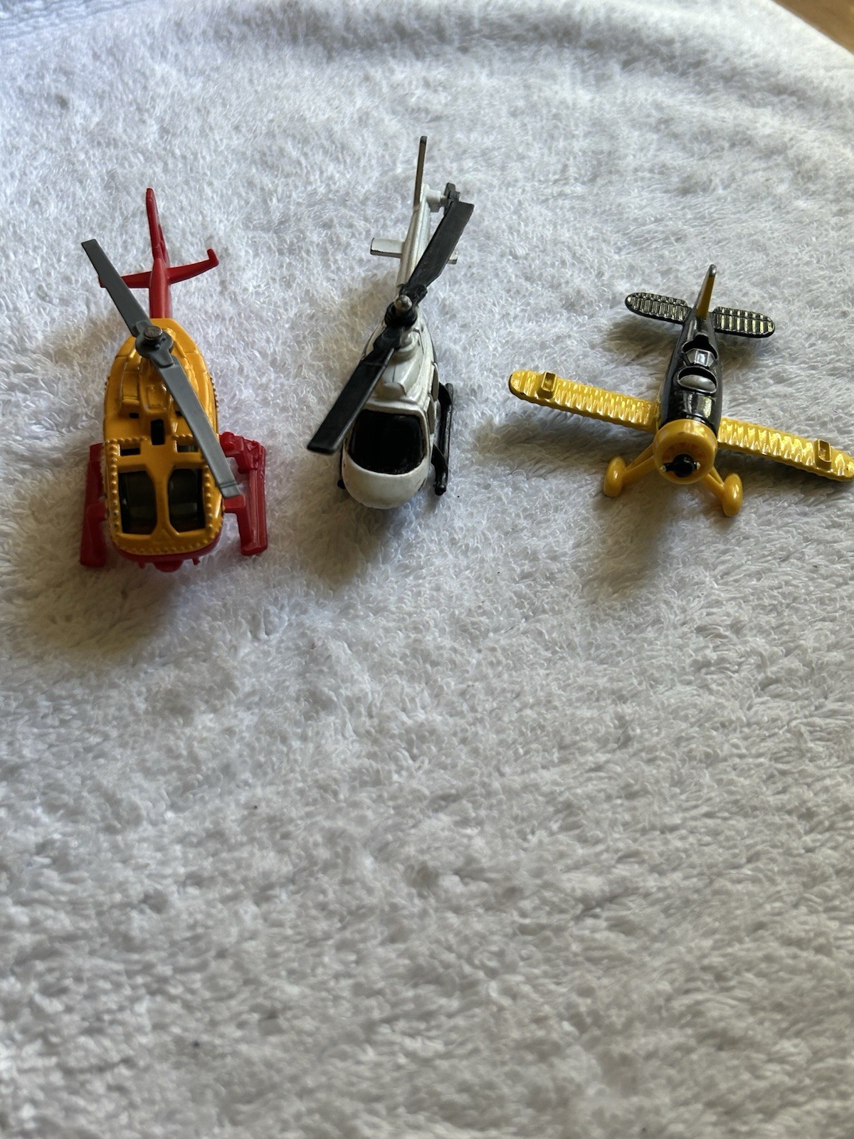 Lot of 3 Mini Diecast Toy Aircraft: 2 Helicopters & 1 Airplane, Multi-Color