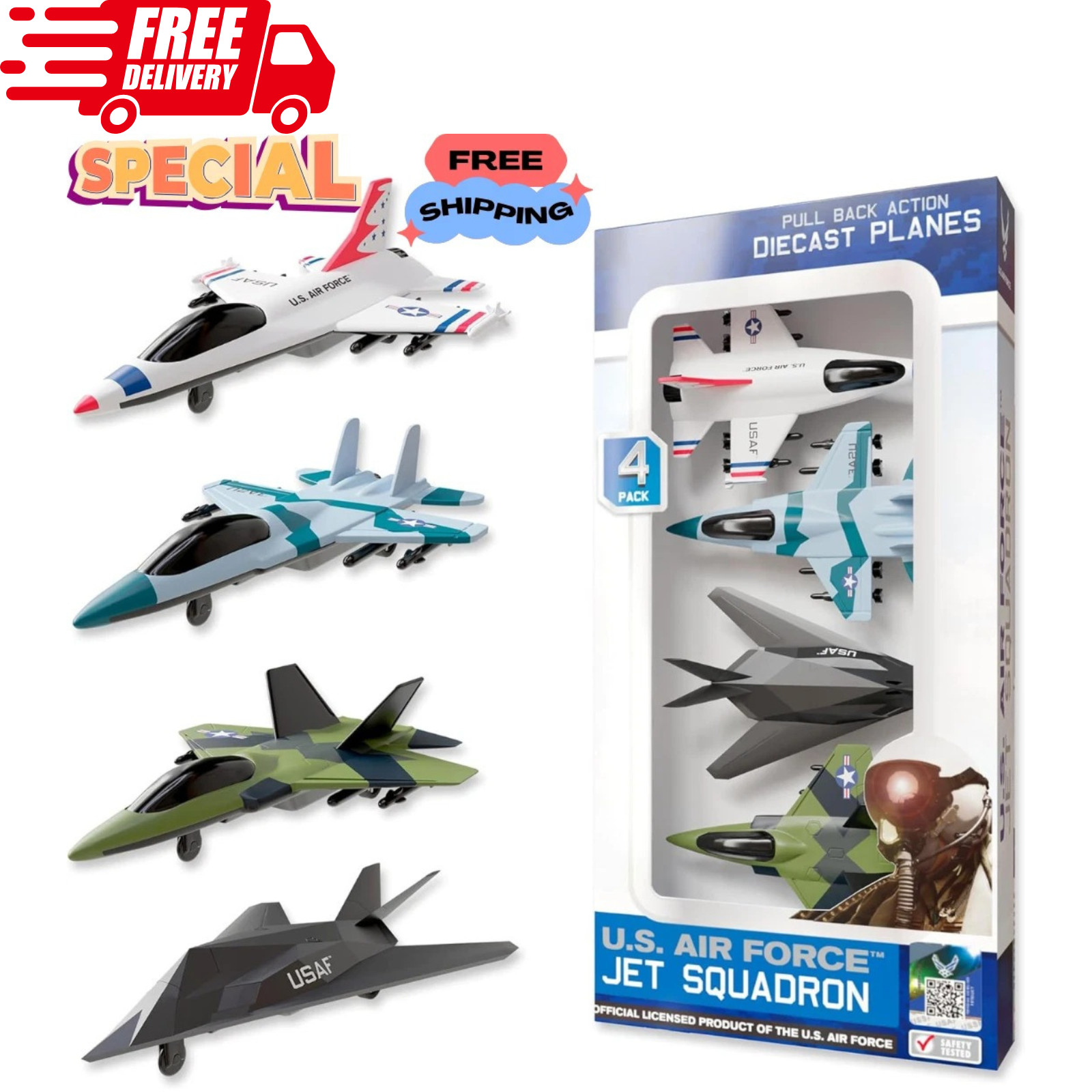 United States Air Force 4-Pack Toy Jet Squadron Die Cast Airplanes