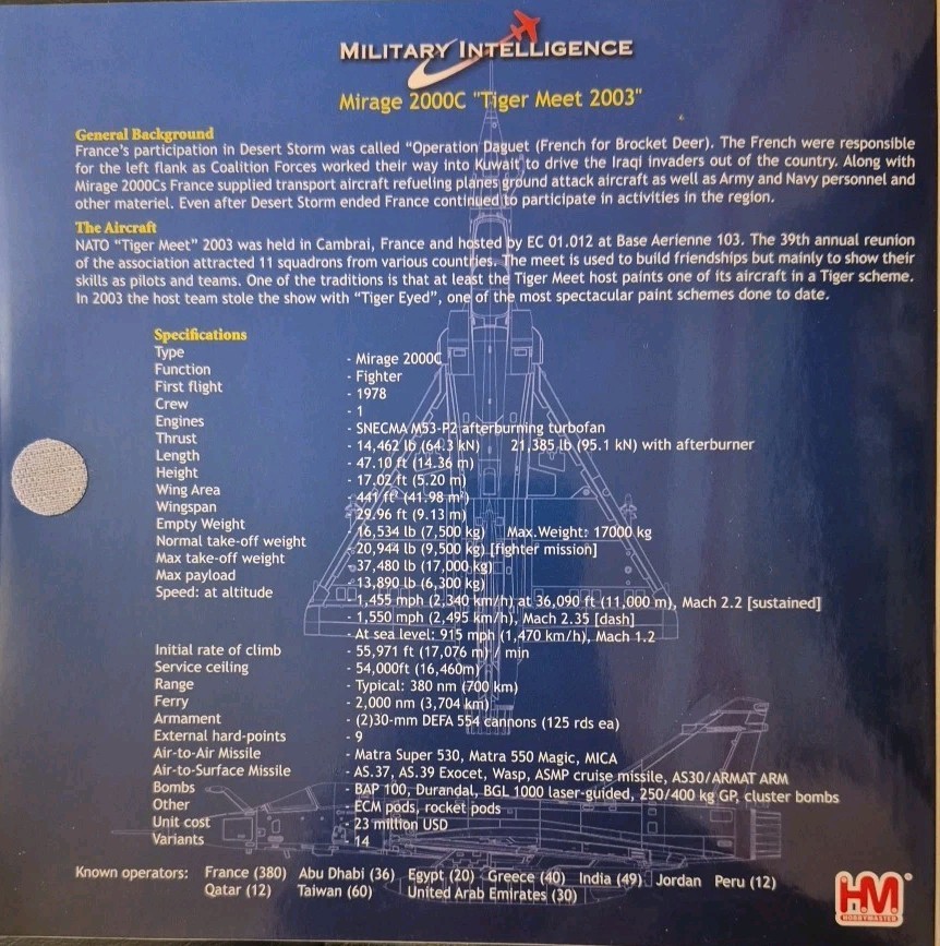 Hobbymaster Aviation Dassault Mirage 2000C “Tiger Meet 2003” HA1603
