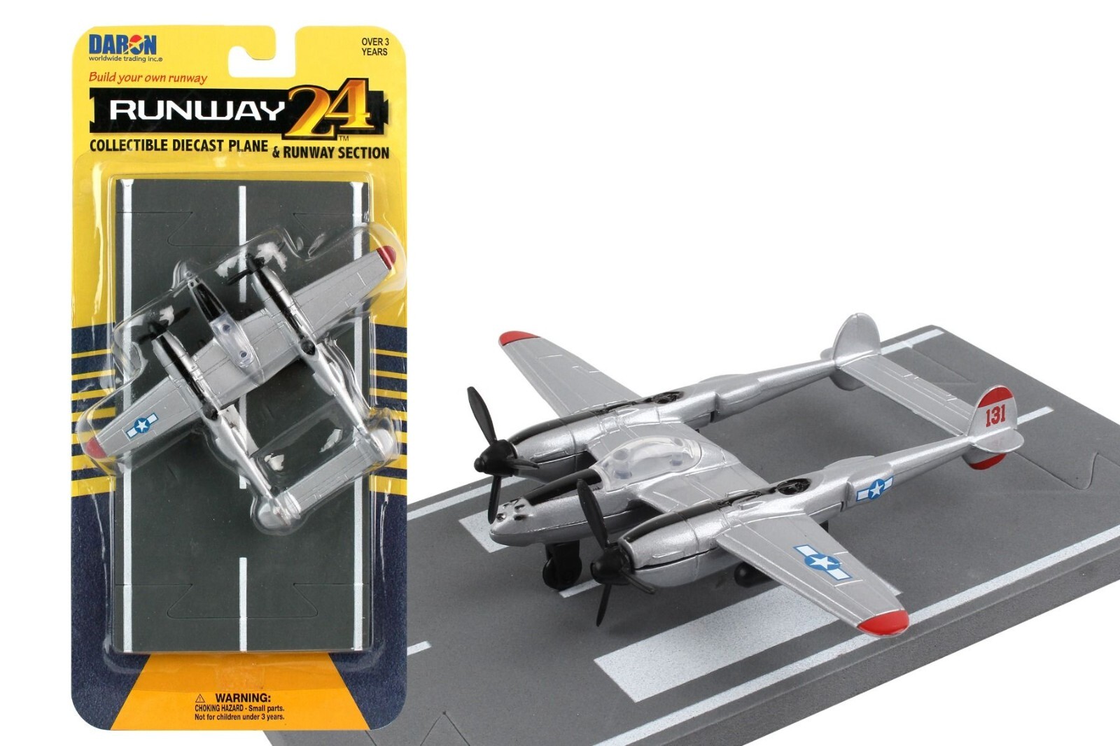 RUNWAY 24 P-38J Lightning – Silver – USAAF Diecast plane with runway section